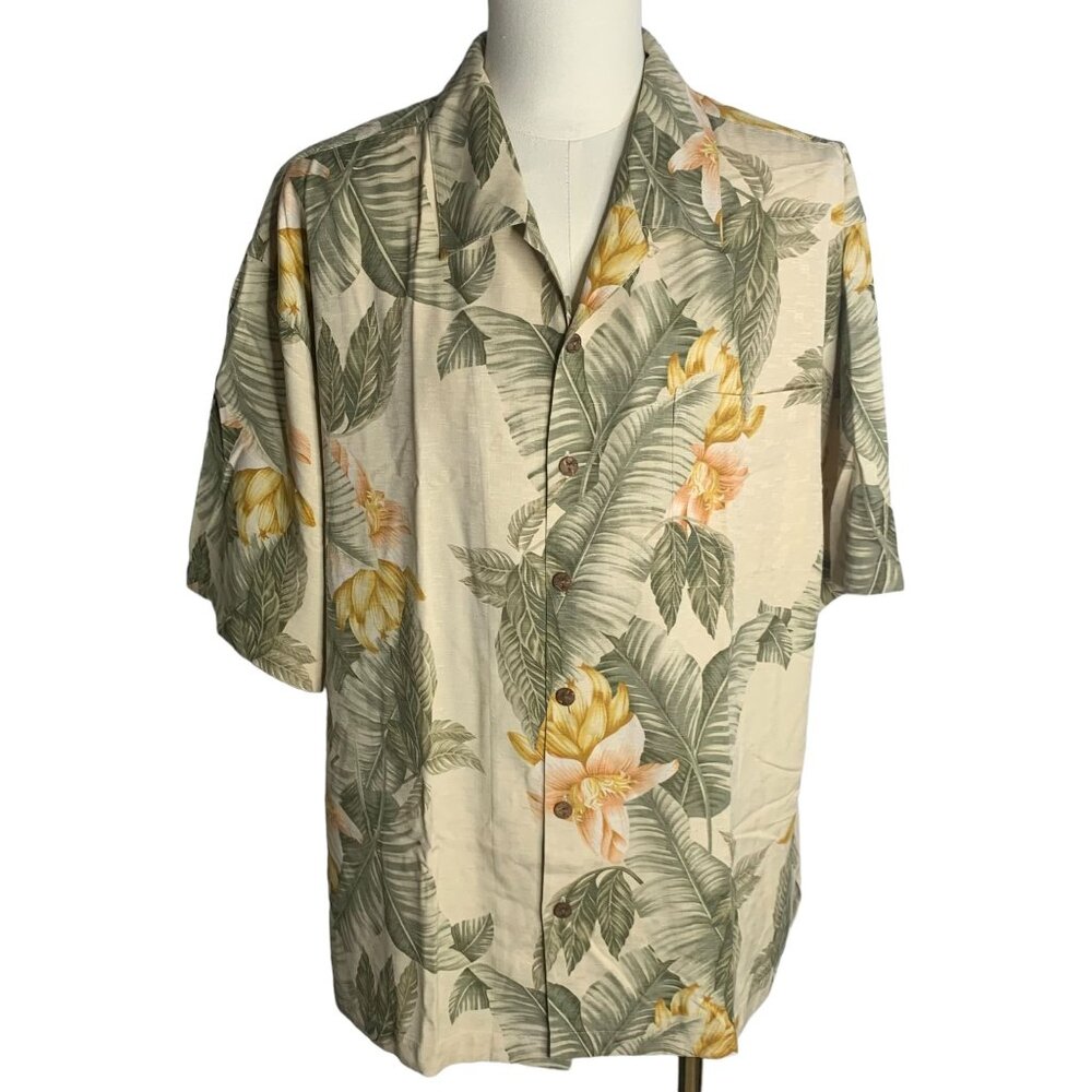 Jamaica Jaxx Button Up Hawaiian Shirt XXL Beige Silk Floral Short Sleeve Camp